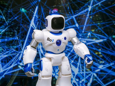 Advanced humanoid robot with glowing blue accents representing AI technology