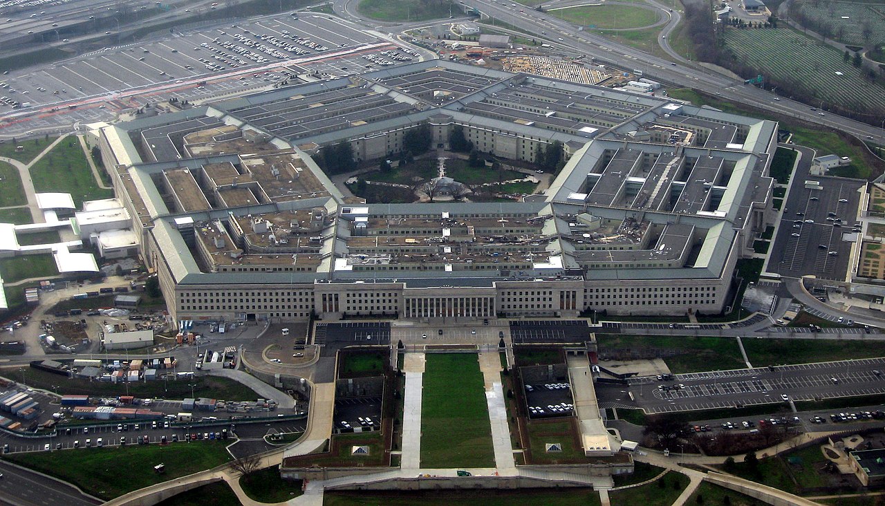 Aerial view of the five-sided Pentagon building in Arlington, Virginia