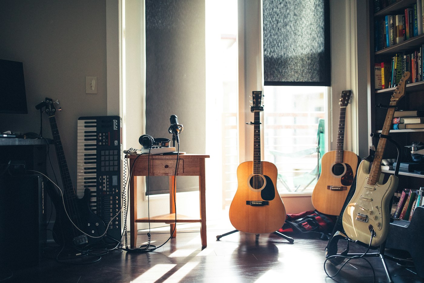 Music studio mixing board and instruments